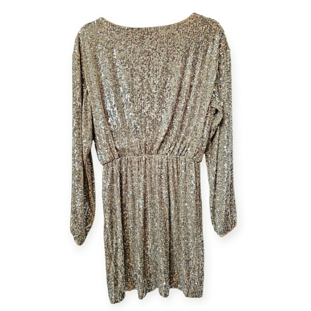 Express Gold Lush Sequins Vneck Longsleeve Flowy Holiday Formal Midi Dress - Picture 2 of 11
